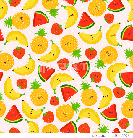 Cute fruit pattern featuring smiling pineapple, banana, watermelon, and strawberry. 131032708