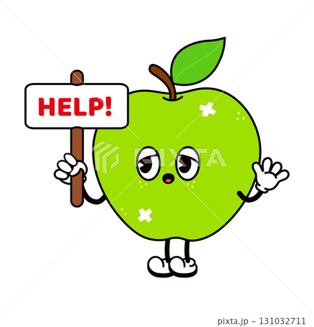 Cartoon apple character holding a Help sign and waving for assistance. 131032711