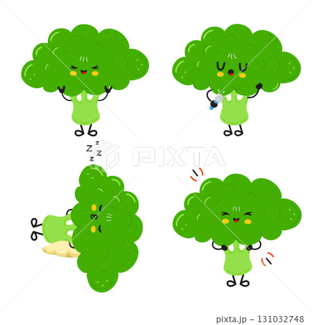 Cute broccoli characters in various emotional states Cute broccoli characters in various emotional states 131032748