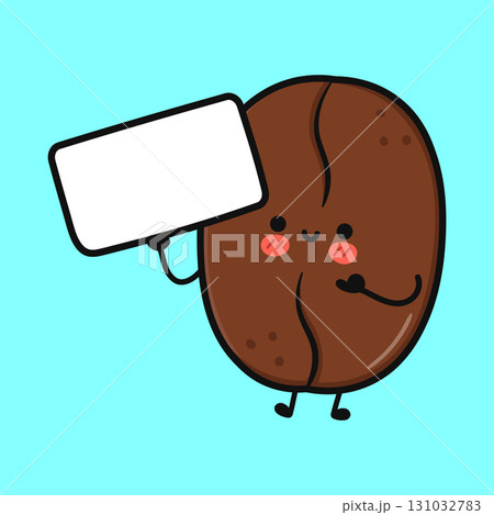 Cute coffee bean character holding a blank sign on a vibrant blue background. 131032783