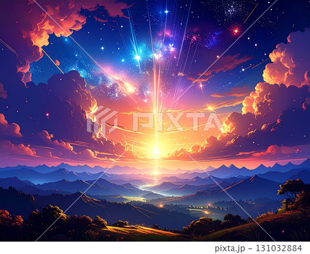 流星群が彩る夜明けの空と山河を照らす壮大な光のスペクタクルな水彩画風の風景 131032884