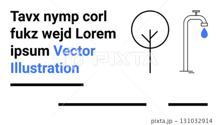 Abstract tree, water faucet with blue drop, horizontal lines, and placeholder text. Ideal for environmental themes, conservation messaging, hydration awareness, infographics, educational materials Abstract tree, water faucet with blue drop, horizontal lines, and placeholder text. Ideal for environmental themes, conservation messaging, hydration awareness, infographics, educational materials 131032914