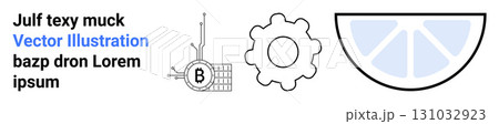 Text elements beside an abstract gear, technology symbol, and a segmented half-circle. Ideal for tech, innovation, modern design, engineering, infographics, education, and brand identity. Landing 131032923