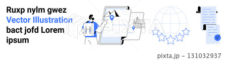 Man planning travel journey on laptop, maps and location pin, globe with stars, documents with clip and seal, text block. Ideal for travel planning, logistics, project management, document Man planning travel journey on laptop, maps and location pin, globe with stars, documents with clip and seal, text block. Ideal for travel planning, logistics, project management, document 131032937