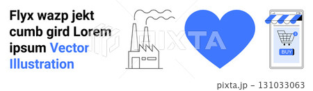 Factory emitting smoke, blue heart shape, and mobile shopping app with cart icon. Ideal for industry, environment, health, love, e-commerce, mobile apps, marketing. Landing page 131033063