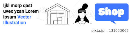 Features an e-commerce theme with a warehouse, customer support agent, and a shop speech bubble. Ideal for online stores, logistics, client service, digital retail, and inventory management. Banner 131033065