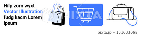Shopping bags, blue shopping cart icon, and outlined purse with blue strap. Ideal for e-commerce, retail, online stores, marketing campaigns, shopping apps, websites, product pages. Landing page 131033068