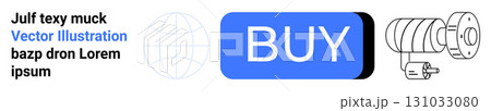 Blue BUY button, camera, globe, and text elements. Ideal for eCommerce, technology, marketing, web design, online shopping, global business, user interface. Minimalist, professional look. Landing 131033080