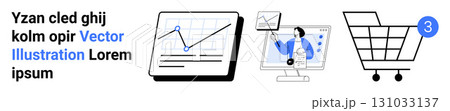 Graph on tablet, person in video call on laptop, e-commerce cart with notification. Ideal for data analytics, remote work, e-commerce, business management, digital marketing, technology, online Graph on tablet, person in video call on laptop, e-commerce cart with notification. Ideal for data analytics, remote work, e-commerce, business management, digital marketing, technology, online 131033137
