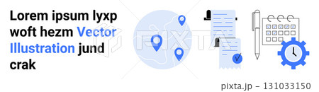 Map with location pins, checklists, and calendar with gear icon. Ideal for project management, task planning, workflow optimization, business strategy, time management, productivity tools, corporate 131033150