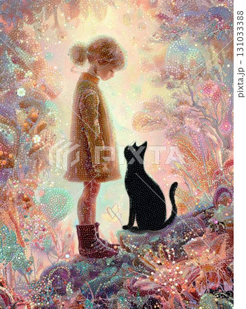 幻想的な森に佇む少女と黒猫 131033388
