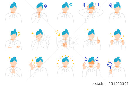 オフィスカジュアルな服装のビジネスウーマンの表情イラストセット。フラットデザイン。 オフィスカジュアルな服装のビジネスウーマンの表情イラストセット。フラットデザイン。 131033391