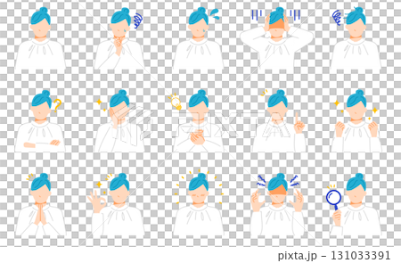 オフィスカジュアルな服装のビジネスウーマンの表情イラストセット。フラットデザイン。 オフィスカジュアルな服装のビジネスウーマンの表情イラストセット。フラットデザイン。 131033391