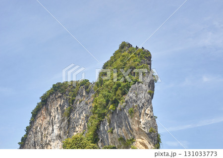 Majestic limestone cliff covered in lush greenery against a clear blue sky 131033773