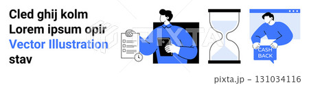 Man holding a checklist, another with tablet and hourglass, cashback receipt. Ideal for business, finance, productivity, time management, online shopping, marketing, presentations. Landing page 131034116