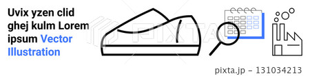 Shoe, calendar, magnifying glass, and analytics bars. Ideal for business, productivity, analysis, scheduling, footwear, organization, data representation. Landing page 131034213