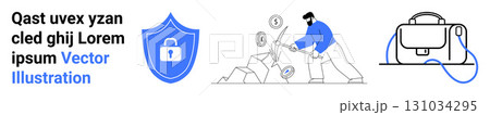Person digging through rocks discovering symbols of coins, clock, and percentage. Shield lock, business bag. Ideal for fintech, security, banking, e-commerce, investments, online learning. Landing 131034295