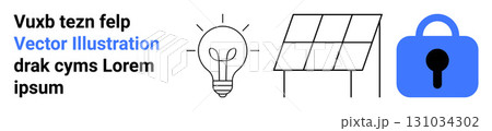 Lightbulb, solar panel, and blue padlock symbolizing energy efficiency and security. Ideal for sustainability, renewable energy, innovation, safety, technology, environment, and clean energy topics Lightbulb, solar panel, and blue padlock symbolizing energy efficiency and security. Ideal for sustainability, renewable energy, innovation, safety, technology, environment, and clean energy topics 131034302