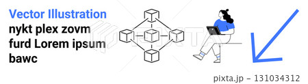 Blockchain network diagram with connected cubes, woman holding laptop in blue shirt and pants, large blue arrow. Ideal for technology, blockchain, remote work, digital interaction, infographics, tech 131034312