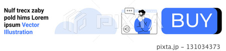 Cloud icon, person thinking, and blue buy button. Ideal for e-commerce, online shopping, digital services, cloud computing, customer service, user support, web interface. Landing page 131034373