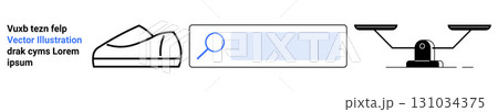 Sports shoe, magnifying glass in search bar, balance scale in minimalist style. Ideal for sports, exercise, online search, justice, balance, investigation, user interface. Landing page 131034375