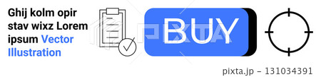 Buy button, checklist icon, text, and target symbol. Ideal for e-commerce, web design, marketing, UIUX design, online shopping, landing pages, digital interfaces. Landing page Buy button, checklist icon, text, and target symbol. Ideal for e-commerce, web design, marketing, UIUX design, online shopping, landing pages, digital interfaces. Landing page 131034391