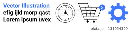 Clock icon, shopping cart with three notifications, gear symbol, and placeholder text in black and blue. Ideal for e-commerce, time management, tech, marketing, business, productivity, and design 131034399