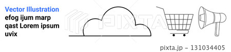 Cloud representing data storage shopping cart symbolizing online shopping megaphone for marketing. Ideal for digital marketing, e-commerce platforms, cloud services, online advertising, promotions 131034405