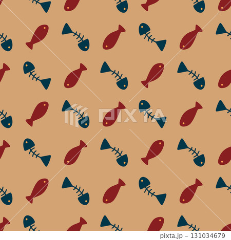 Quirky seamless pattern of colorful fish and bones on a tan background. Perfect for kids fabric, pet themes, wallpapers, stationery, packaging, gift wrapping, and fun decorative design projects. 131034679