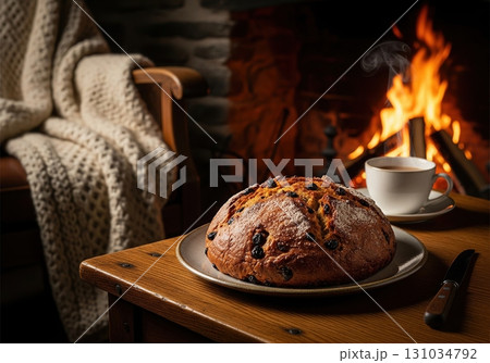 Cozy scene with a traditional irish barmbrack bread and a hot cup of coffee by a fireplace 131034792