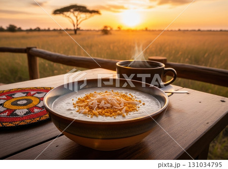 Kenyan sweet potato and coconut pudding served for breakfast at sunrise in the african savanna 131034795