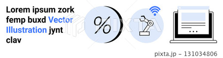 Percentage symbol, robotic arm with wireless signal, and laptop screen with text. Ideal for technology, finance, automation, internet of things, online services, data analysis, business. Landing page Percentage symbol, robotic arm with wireless signal, and laptop screen with text. Ideal for technology, finance, automation, internet of things, online services, data analysis, business. Landing page 131034806
