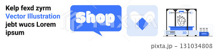 Blue and white shop speech bubble icon with 3D printing equipment. Ideal for online shopping e-commerce technology innovation modern retail and 3D printing. Banner for landing page Blue and white shop speech bubble icon with 3D printing equipment. Ideal for online shopping e-commerce technology innovation modern retail and 3D printing. Banner for landing page 131034808