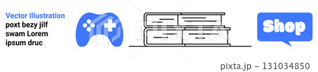 Blue game controller white cross icon stacked books black outlines speech bubble white text sample text. Ideal for education online stores gaming shopping websites promotional materials internet ads Blue game controller white cross icon stacked books black outlines speech bubble white text sample text. Ideal for education online stores gaming shopping websites promotional materials internet ads 131034850
