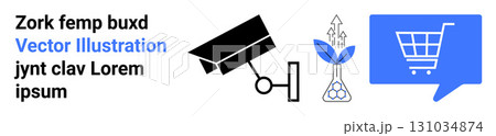 Security camera, plant with chemical structure, shopping cart in blue speech bubble. Ideal for technology, security, ecommerce, communication, science, growth, innovation themes. Landing page Security camera, plant with chemical structure, shopping cart in blue speech bubble. Ideal for technology, security, ecommerce, communication, science, growth, innovation themes. Landing page 131034874