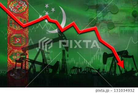 Petrol crisis with Turkmenistan flag on financial graph. Fall oil price with flag of Turkmenistan on economic chart 131034932