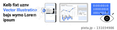 Smartphone with security lock, bar and line graphs, eye with binary code. Ideal for data security, mobile apps, analytics, charts, technology, cybersecurity, visualizations. Landing page Smartphone with security lock, bar and line graphs, eye with binary code. Ideal for data security, mobile apps, analytics, charts, technology, cybersecurity, visualizations. Landing page 131034986