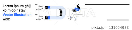 Magnetic field attracting text towards a blue magnet while a female character with laptop sits on chair. Ideal for marketing, attraction, engagement, online presence, technology, design 131034988