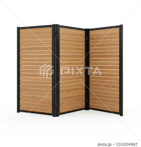 Modern folding privacy screen with wooden slats and a black frame isolated on a white background Modern folding privacy screen with wooden slats and a black frame isolated on a white background 131034997