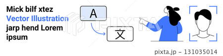 Woman pointing at language translation symbols with an avatar beside her. Ideal for language learning, translation services, educational platforms, tech tutorials, digital content, remote learning Woman pointing at language translation symbols with an avatar beside her. Ideal for language learning, translation services, educational platforms, tech tutorials, digital content, remote learning 131035014
