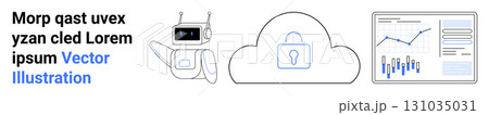 AI robot with friendly design, secure cloud with lock symbol, data analytics screen with graphs and charts. Ideal for tech businesses, AI solutions, cybersecurity, cloud computing, data analysis, IT AI robot with friendly design, secure cloud with lock symbol, data analytics screen with graphs and charts. Ideal for tech businesses, AI solutions, cybersecurity, cloud computing, data analysis, IT 131035031