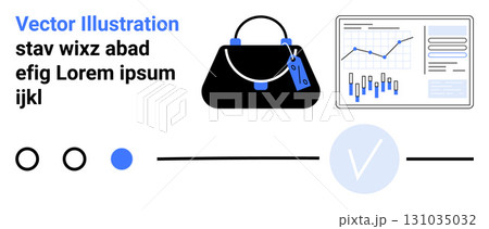 Black handbag with tags, business analytics graph with charts, and user interface elements including circles, line, and V icon. Ideal for e-commerce, business, analytics, finance, retail, UI design 131035032