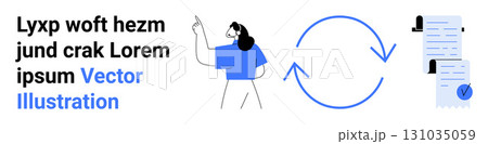 Person pointing at text, circular loading icon representing continuous flow, checklist documents with checkmarks. Ideal for task management, document processing, productivity tools, workflow Person pointing at text, circular loading icon representing continuous flow, checklist documents with checkmarks. Ideal for task management, document processing, productivity tools, workflow 131035059