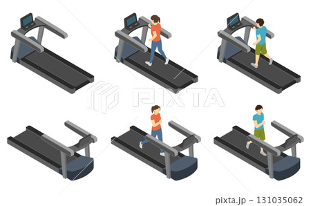 アイソメトリックイラスト：ランニングマシンで走る男女 131035062