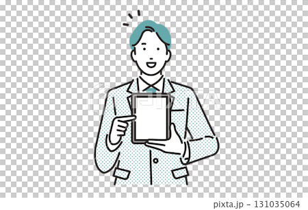 人物 タブレットの画面を見せながら案内をするビジネスパーソンの男性 人物 タブレットの画面を見せながら案内をするビジネスパーソンの男性 131035064