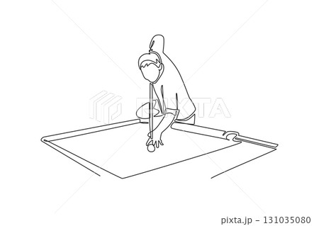 Continuous one line drawing young man player taking a challenging shot in billiards, kneeling to get perfect angle and demonstrating skillful play. Single line draw design vector graphic illustration Continuous one line drawing young man player taking a challenging shot in billiards, kneeling to get perfect angle and demonstrating skillful play. Single line draw design vector graphic illustration 131035080