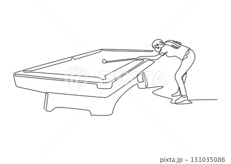 Single continuous line drawing attractive female in a low, focused stance, aiming a shot on pool table. Precision, strategy, and concentration of game. One line draw graphic design vector illustration 131035086