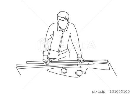 Single one line drawing young man in suit contemplating his next shot. Strategy, mental focus, calm concentration of a billiard player. Modern continuous line draw design graphic vector illustration Single one line drawing young man in suit contemplating his next shot. Strategy, mental focus, calm concentration of a billiard player. Modern continuous line draw design graphic vector illustration 131035100
