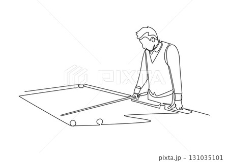 Single one line drawing active male pool athlete aiming a cue stick, representing poised concentration and technical skill of a billiard player. Continuous line draw design graphic vector illustration Single one line drawing active male pool athlete aiming a cue stick, representing poised concentration and technical skill of a billiard player. Continuous line draw design graphic vector illustration 131035101