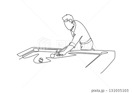 Continuous one line drawing young man athlete leaning over a billiards table, lining up a shot with focused intent, emphasizing his careful skill. Single line draw design vector graphic illustration Continuous one line drawing young man athlete leaning over a billiards table, lining up a shot with focused intent, emphasizing his careful skill. Single line draw design vector graphic illustration 131035103